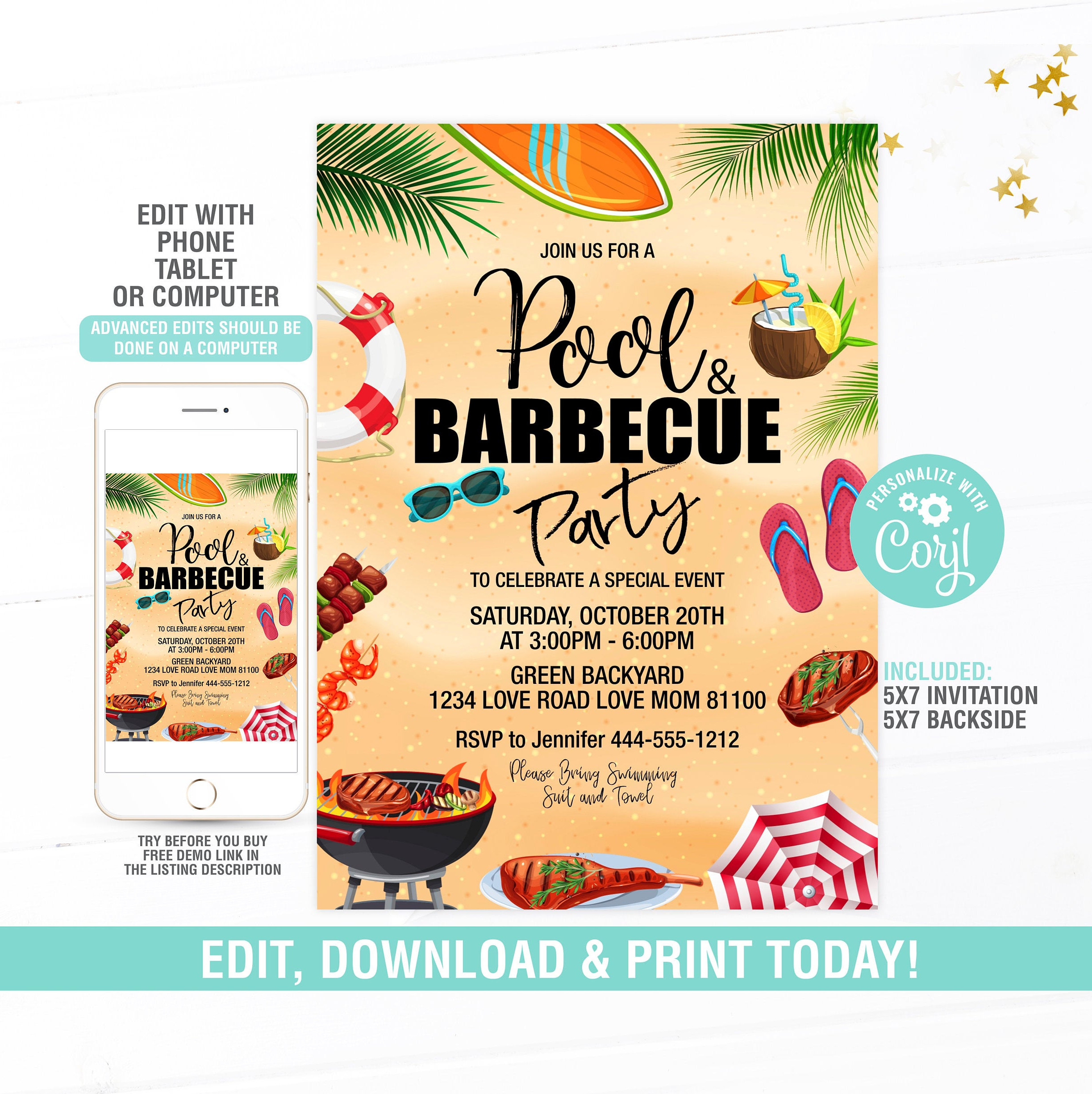 BBQ and Pool Party Invitations EDITABLE, Backyard BBQ and Pool Invite, Summer  Party Invitation, Digital - Etsy