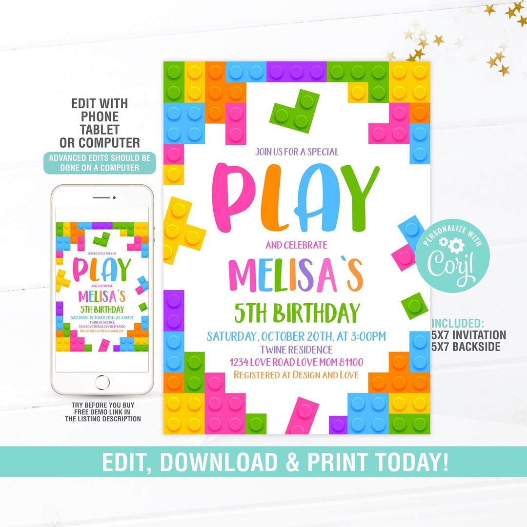Building Blocks Birthday Invitation EDITABLE, Brick Birthday Invite ...