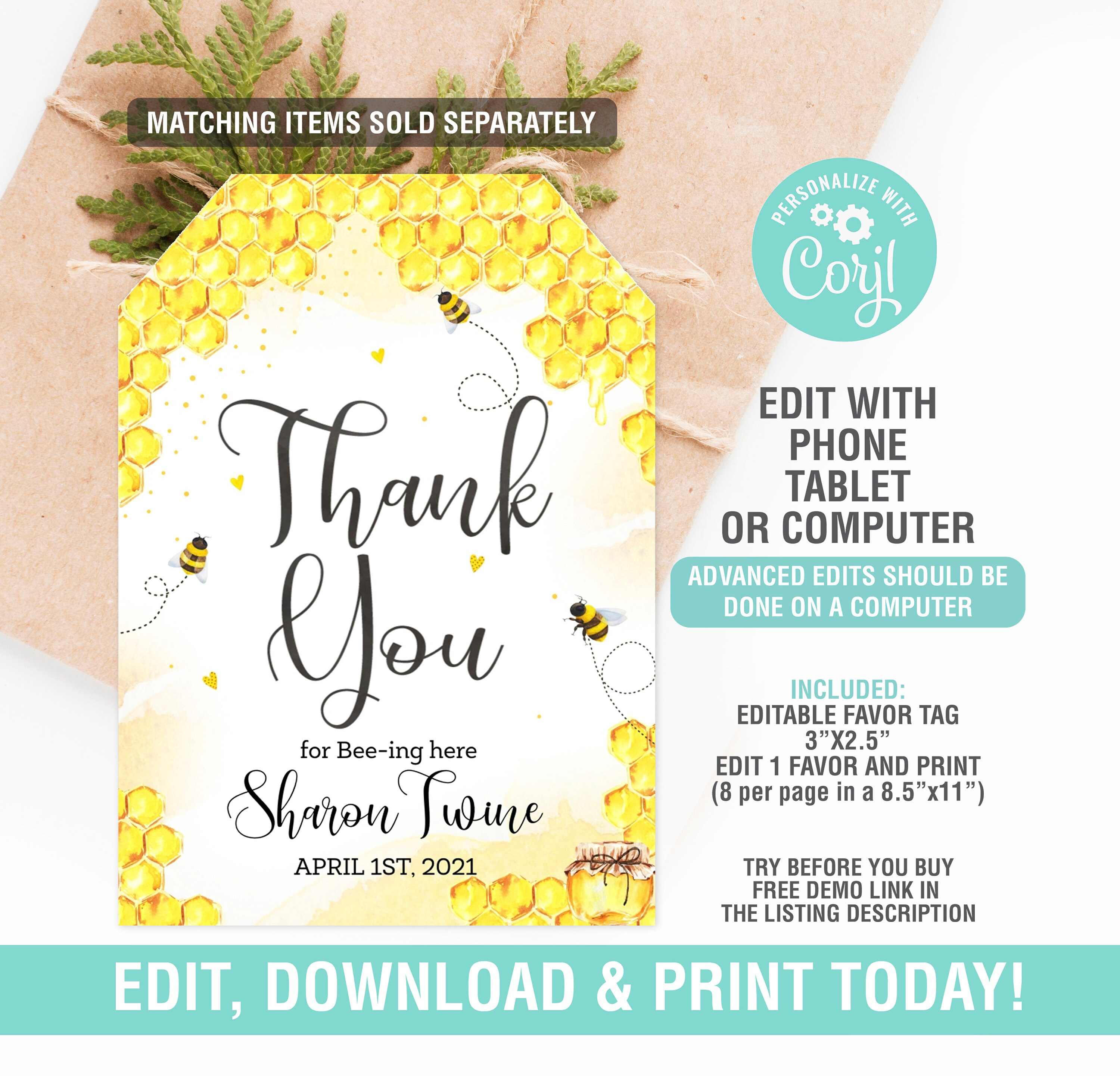 Bee Favor Tags Thank You Favor, BEE Baby Shower 2" Tag Label, Bee Thank ...