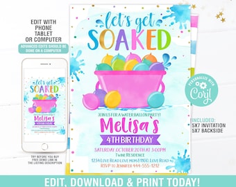 Water Balloon Birthday Invitation EDITABLE,  Water Splash Party Invitation, Summer Birthday Invite, Instant Download