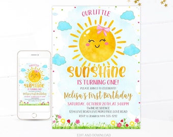 Editable Sunshine Birthday Invitation Template, Sunshine First Birthday Invitation Girl, Birthday Invite, Instant Download