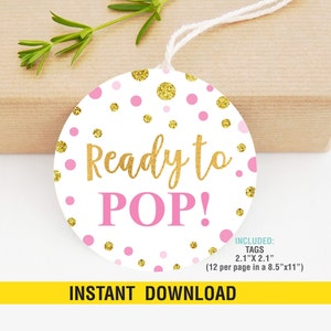 Klaar om roze polkalabels afdrukbaar te maken, klaar om te knallen gunst toppers, stickers, babyshower cadeaulabel, babyshower gunst, instant download