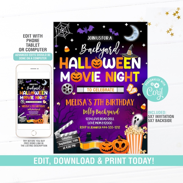 Halloween Movie Night Invitation EDITABLE, Halloween Scary Movie Invitation Outdoor Movie Birthday, Halloween Sleep Over Invite, Digital