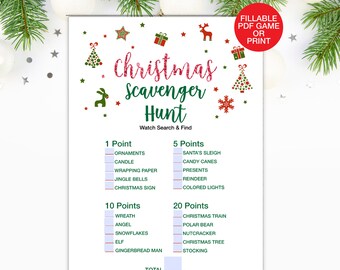 May include: A printable Christmas Scavenger Hunt game with a white background, featuring red and green text and festive illustrations. The game includes point values and a list of items to find, with the words "Christmas Scavenger Hunt" prominently displayed.