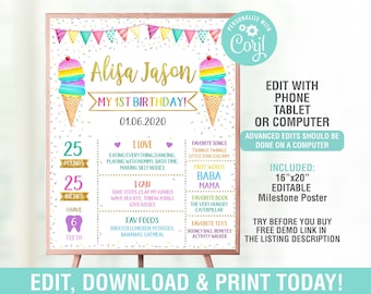 Ice Cream Milestone Birthday Poster, 1st Birthday Milestone Board Chalkboard sign, IceCream Party,Stats Boards, Editable First Birthday