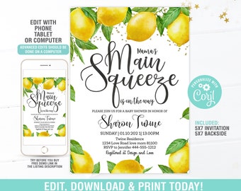 Könnte beinhalten: Eine Babyparty-Einladung im Zitronendesign mit einer Aquarell-Illustration von Zitronen und Grünpflanzen. Der Text lautet "Mama's Main Squeeze is on the way" und enthält den Namen "Sharon Twine", das Datum und die Uhrzeit der Party sowie den Ort. Die Einladung enthält auch ein personalisiertes Logo mit dem Text "Personalisieren mit Corjl".