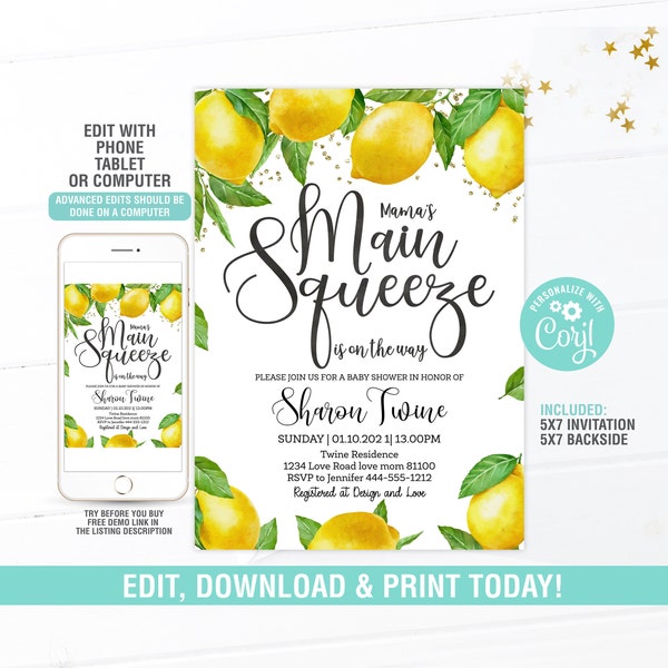 Mama's Main Squeeze Lemon Baby Shower Invitation EDITABLE, Lemon Baby Shower Invite, Digital, Instant Download