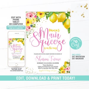 Mamas Main Squeeze Lemon Baby Shower Einladung EDITIERBAR, Lemon Floral Baby Shower Invite, Digital, Instant Download