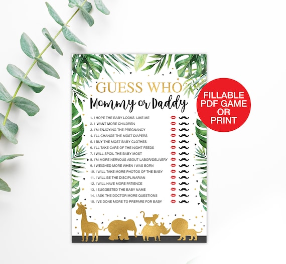 Guess Who Mommy or Daddy Fillable, Safari Baby shower Game Printable