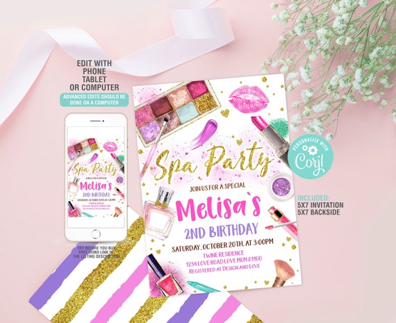 Spa Party Birthday Invitation, Editable Spa Party Invitation, Spa Birthday Invitation Template Printable Glam Party Invitation