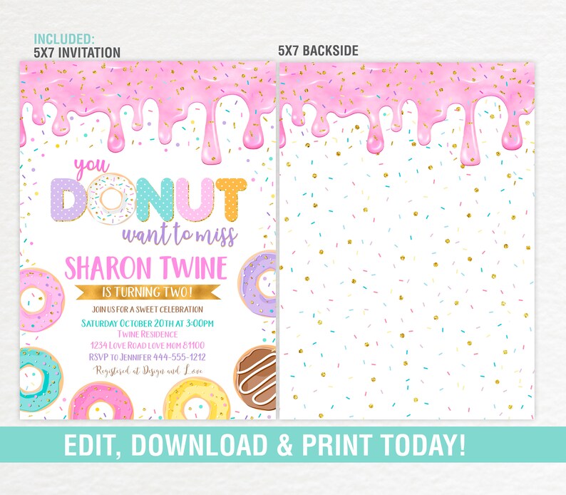 Donut Invitation EDITABLE, Donut Birthday Invite, Pink Donut Invite Party,Girl Donut Birthday, Donut Template, Donuts Invite image 2