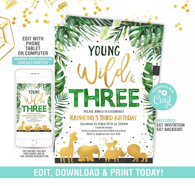 Young Wild and Three Birthday Invitation Safari Birthday Etsy