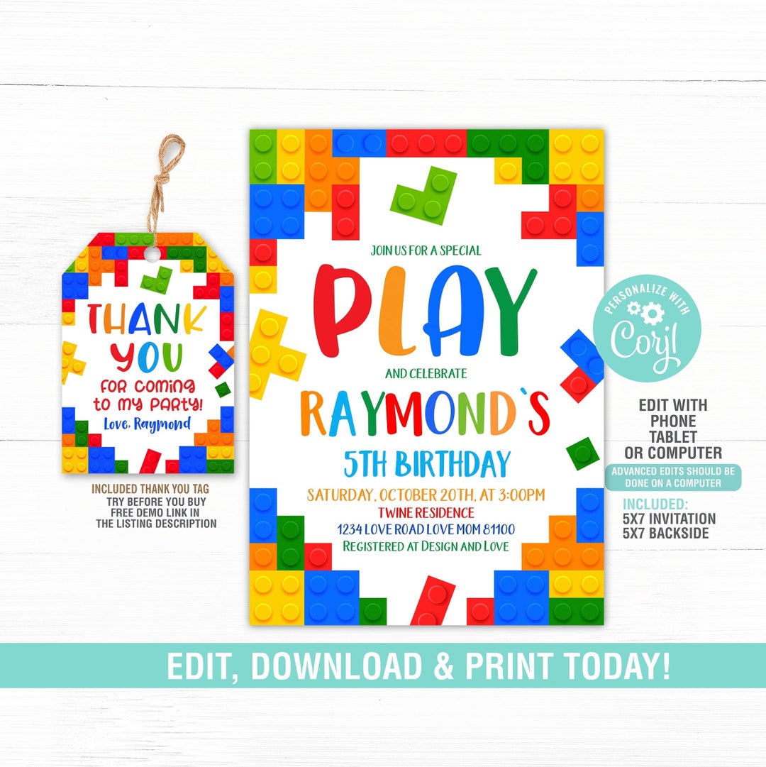 Building Blocks Birthday Invitation Set EDITABLE, Brick Birthday Invite