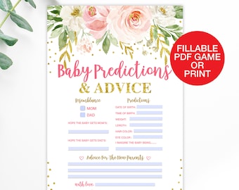 Baby Predictions and Advice Card Floral Baby Shower Games, Virtual Baby Prediction Game Printable Instant Download