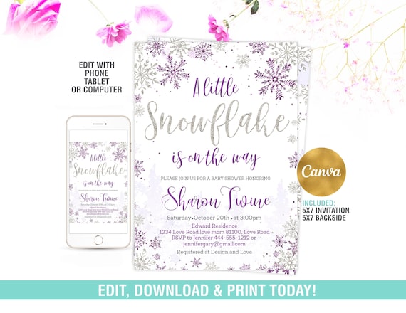 Winter Baby Shower Invitation EDITABLE,A Little Snowflake is on the way Invite, Purple Girl Winter Shower Invite Printable