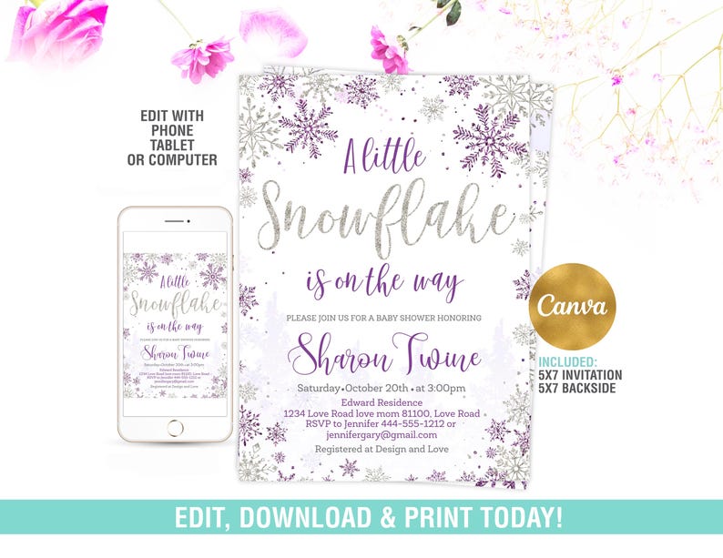 Winter-Babyparty-Einladung EDITIERBAR, eine kleine Schneeflocke ist auf dem Weg Invite, Purple Girl Winter Shower Invite Printable Bild 1