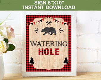 Lumberjack Watering Hole,  Lumberjack Party Decor Sign, Buffalo Red Rustic Sign, Printable Instant Download