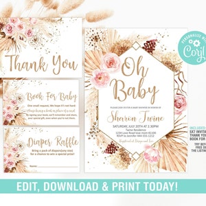 Invitation de baby shower bohème, herbe de la pampa, invitation de baby shower, douche de Bohème tropicale imprimable, tombola de couches, demande de livre, imprimable
