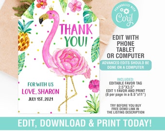 Flamingo Tags EDITIERBAR, Flamingo Geschenkanhänger, Flamingo Favor Tag Geburtstagsfeier, Instant Download