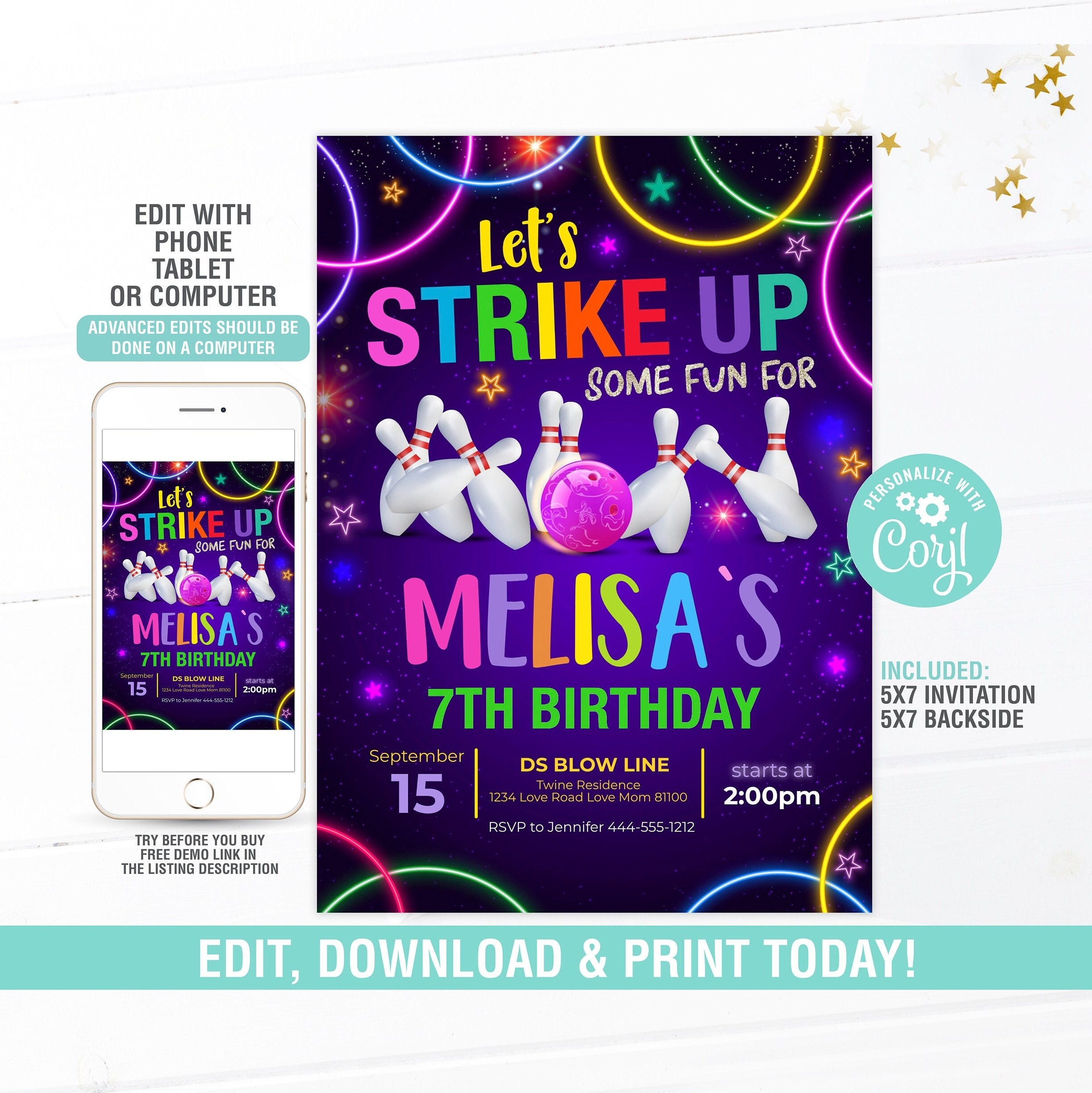 Editable Bowling Birthday Invitation Template Bowling Party Etsy
