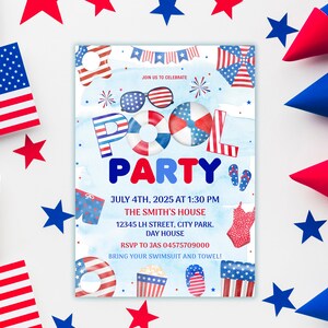 Puede incluir: Una invitaci&oacute;n a una fiesta de piscina azul y roja con un flotador de piscina rojo, blanco y azul, fuegos artificiales y el texto "Pool Party" en letras grandes y coloridas. La invitaci&oacute;n incluye la fecha, la hora, la ubicaci&oacute;n y la informaci&oacute;n de RSVP.