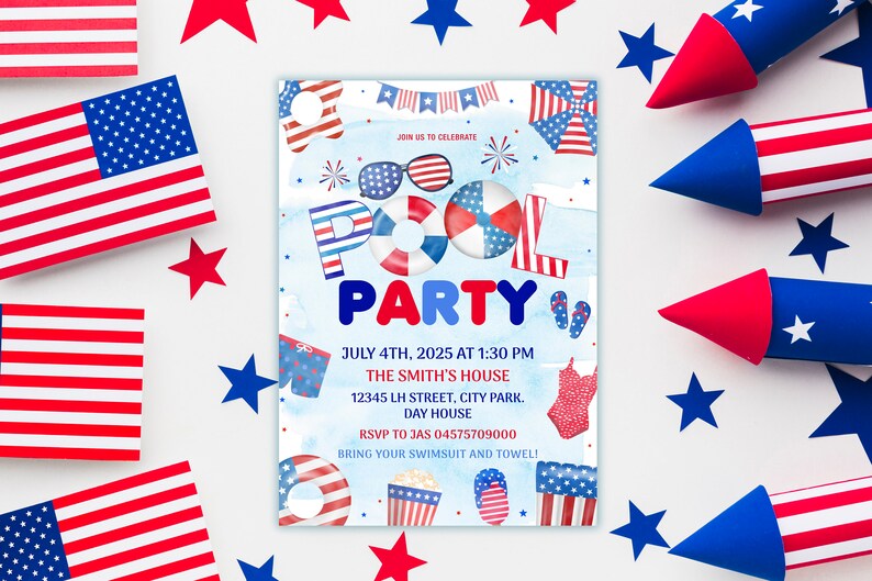 Puede incluir: Una invitaci&oacute;n a una fiesta de piscina azul y roja con un flotador de piscina rojo, blanco y azul, fuegos artificiales y el texto "Pool Party" en letras grandes y coloridas. La invitaci&oacute;n incluye la fecha, la hora, la ubicaci&oacute;n y la informaci&oacute;n de RSVP.