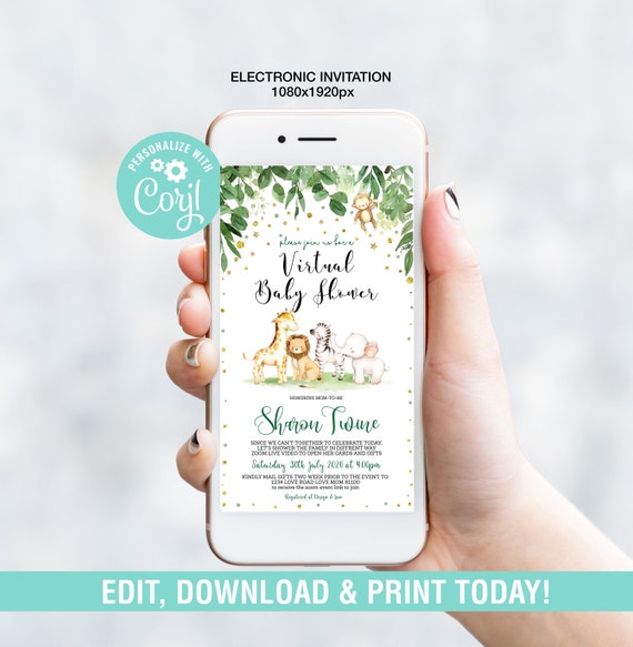 Safari Virtual Baby Shower Electronic Invitation EDITABLE, Social