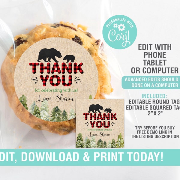 Lumberjack Favor Tags, Thank you Favor, Buffalo Plaid Favor,  2" tag Label,Printable Lumberjack Party Gift Tag, EDITABLE