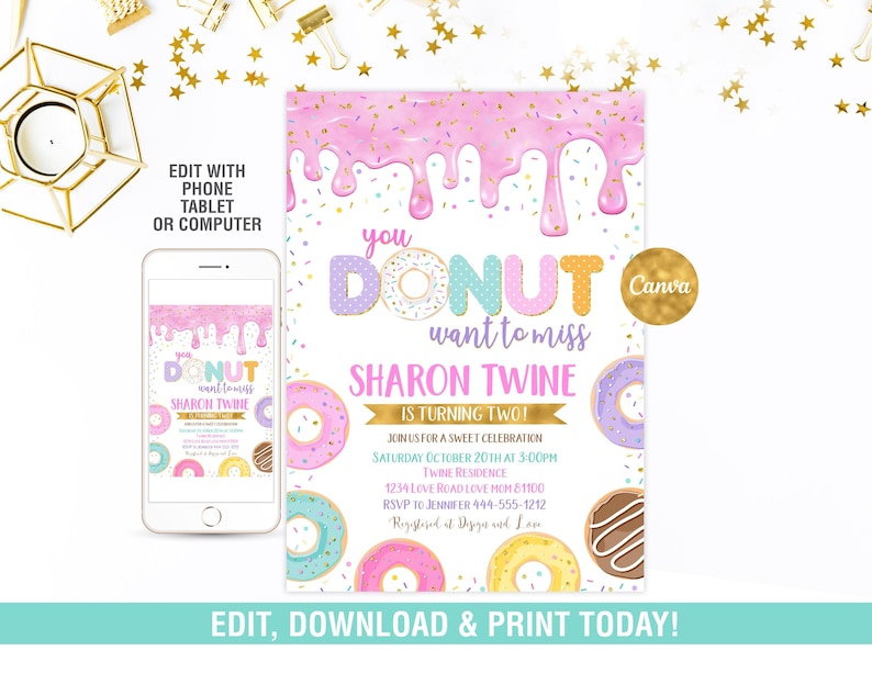 Donut Invitation EDITABLE, Donut Birthday Invite, Pink Donut Invite Party,Girl Donut Birthday, Donut Template, Donuts Invite image 1