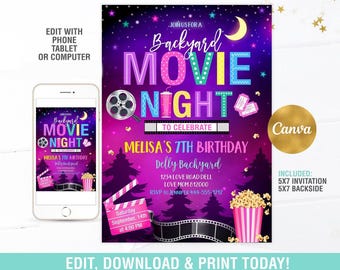 Movie Night Invitation EDITABLE, Backyard Movie Night Invitation, Outdoor Movie Birthday, Sleep Over Invite, Digital Instant Download