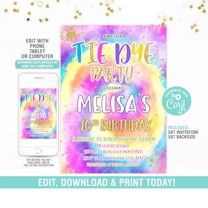 Tie Dye Birthday Invitation, Editable Tie Dye Birthday Invitation, Tie Dye Birthday Party Invite, Instant Download