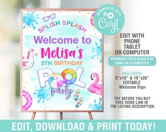 Pool Party Welcome Sign EDITABLE, Summer Party Sign, Swimming Party, Welcome Sign 16x20, Instant Download