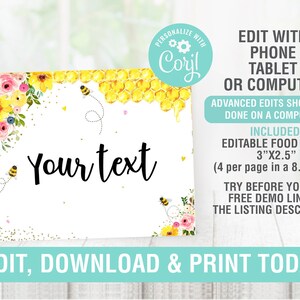 BEE Buffet Cards, Safari Food Labels, PlaceCards, Honey Food Card, Bee Food Card, Tented Cards Bee Baby Shower EDITABLE