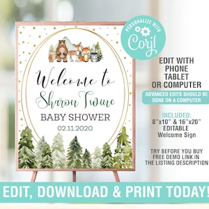 Woodland Welcome Sign Poster EDITABLE, Shower welcome sign, 16X20, 8X10 Sign, Printable Instant Download