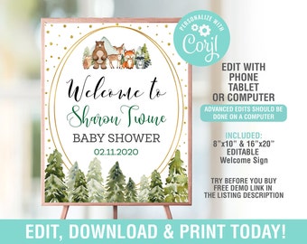 Plakat z napisem Woodland Welcome Sign EDITABLE, Znak powitalny pod prysznicem, 16X20, Znak 8X10, Do wydrukowania Natychmiastowe pobranie
