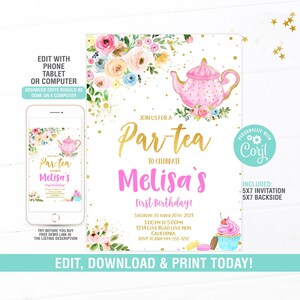 EDITABLE Tea Party birthday Invitation, Tea Party Invite, Par-Tea Birthday Invitation Printable, Floral Tea Invitation, Instant Digital