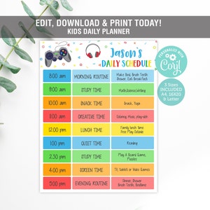 Home School Daily Planner Editable, Gamer Routine Schedule, Kids Daily Routine Schedule Editable, Daily Home School Planner, Printable