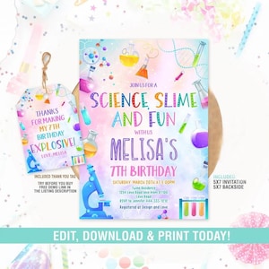 Convite de aniversário científico, convite para festa de slime científico, festa de laboratório, download instantâneo