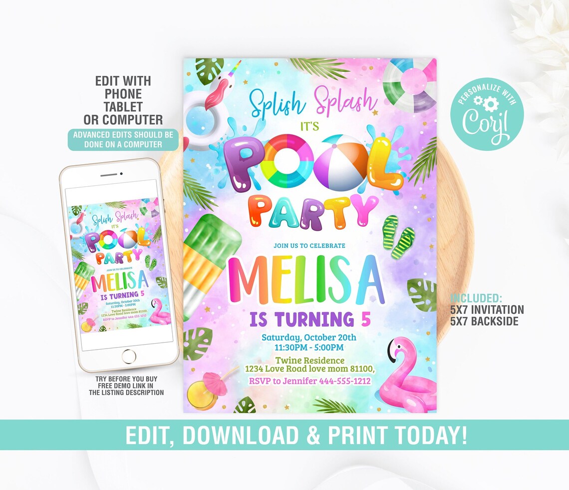 EDITABLE Pool Party Birthday Invitation, Pool Invitation, Summer Pool ...