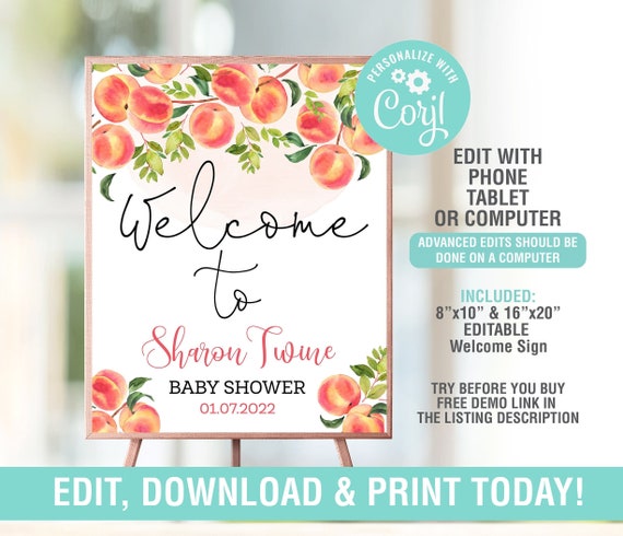 Peach Baby Shower Welcome Sign EDITABLE, Sweet Little Peach Baby Shower Welcome Printable Sign,Peach Welcome Poster,Digital,Instant Download Il_570xn