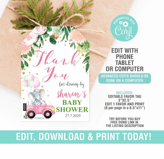 Drive by Baby shower Favor Tag EDITABLE, Elephant Boy Drive Through Gift Tag, Drive By Baby