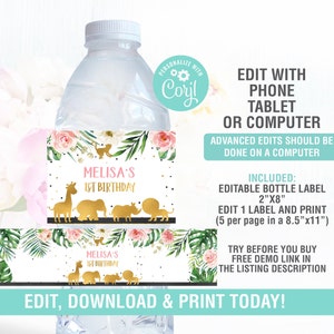 Safari Waterbottle label Template, Waterbottle Printable Jungle SafarI Girl safari Animals, Wild Animal Water bottle Label, Pink Gold safari
