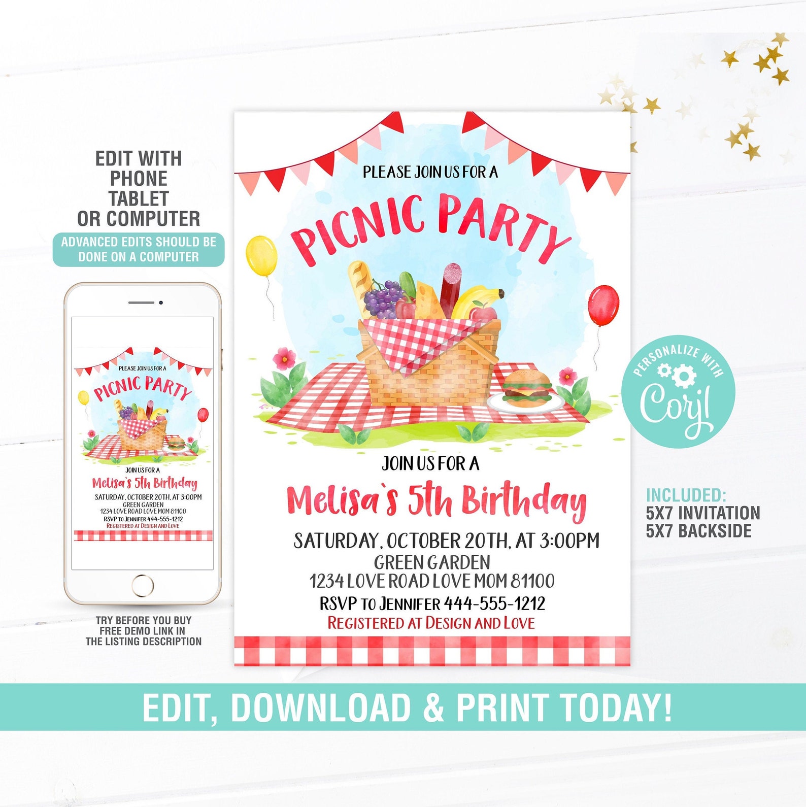 Picnic Birthday Invitation EDITABLE Kids Picnic Invitation Etsy