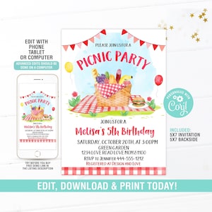 Picnic Birthday Invitation EDITABLE, Kids Picnic Invitation, Picnic Party Invitation, Digital Instant Download