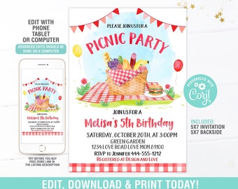 Picnic Birthday Invitation EDITABLE, Kids Picnic Invitation, Picnic Party Invitation, Digital Instant Download