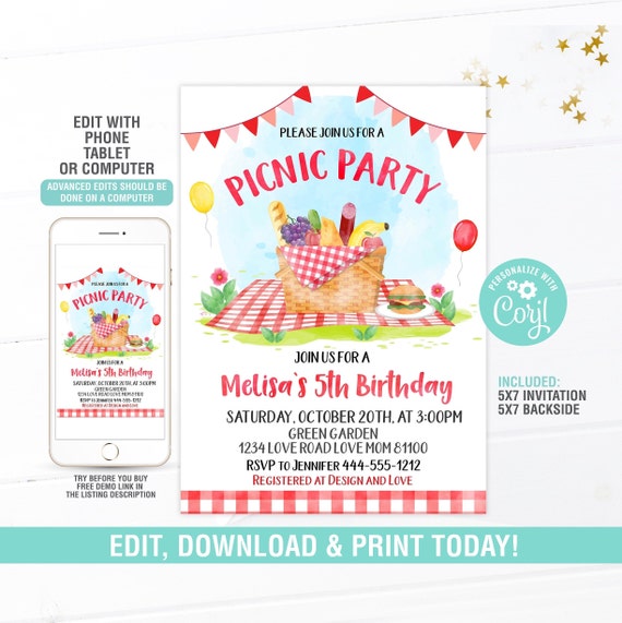 Picnic Birthday Invitation EDITABLE Kids Picnic Invitation Etsy