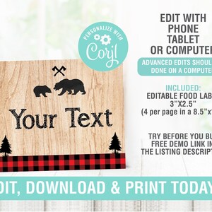 Lumberjack Food Tags, Name, Tent Cards, Buffet tent, Label, Lumberjack Party,  Editable Food label, Boy Party Template.