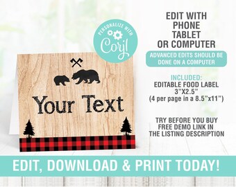 Lumberjack Food Tags, Name, Tent Cards, Buffet tent, Label, Lumberjack Party,  Editable Food label, Boy Party Template.