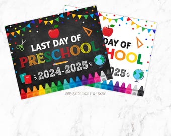 Teken laatste dag van de kleuterschool, teken laatste schooldag 2025, bord voorschoolse schoolbord, laatste schooldag afdrukbare foto prop afdrukbare