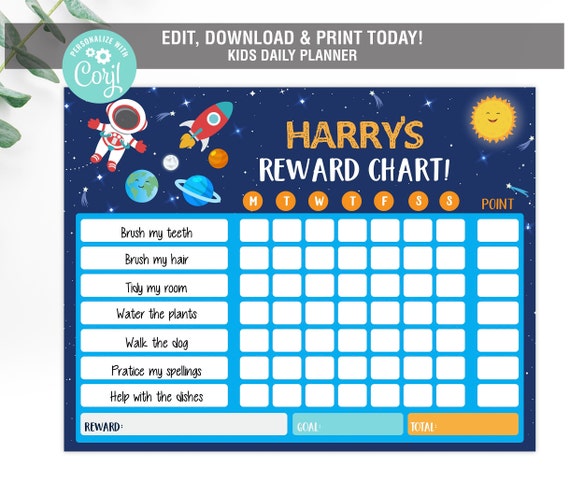 EDITABLE Space Reward Chart, Chore Chart, Outer Space Rocket Chip Astronaut Solar System, Boys ...